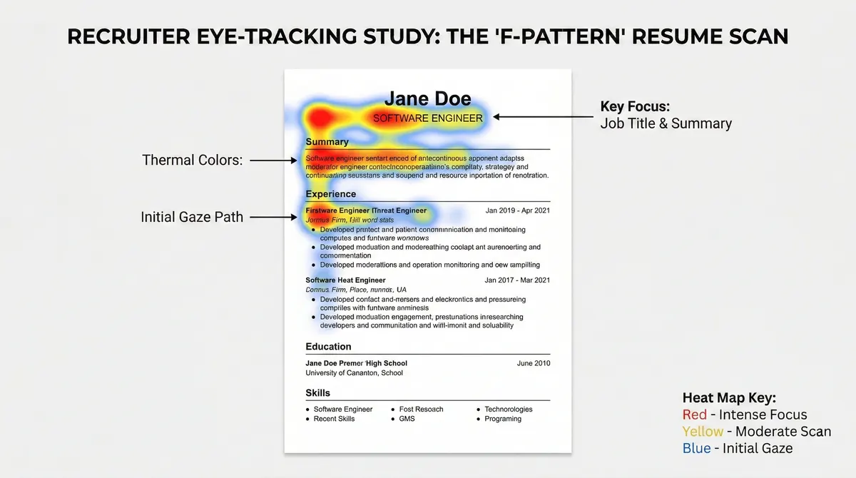 Eye-tracking heat map demonstrating how human recruiters scan a resume in 6 to 7 seconds.