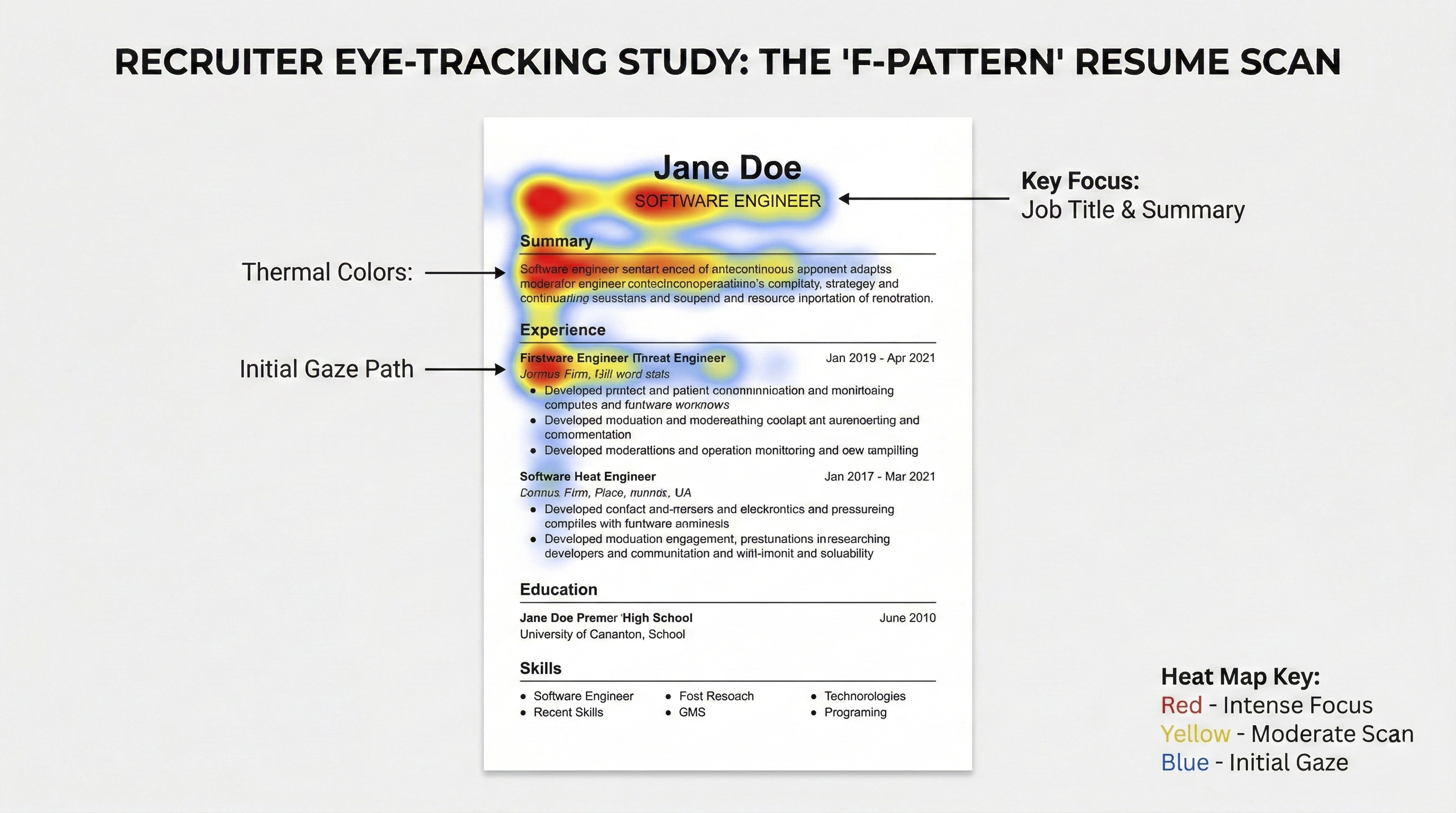 Eye-tracking heat map showing a recruiter scanning a resume layout during a 6-second review.